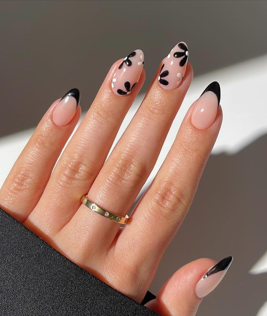 Black Flowers Nails