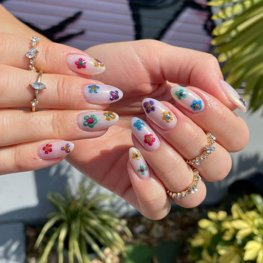 Glittery Flower Nails