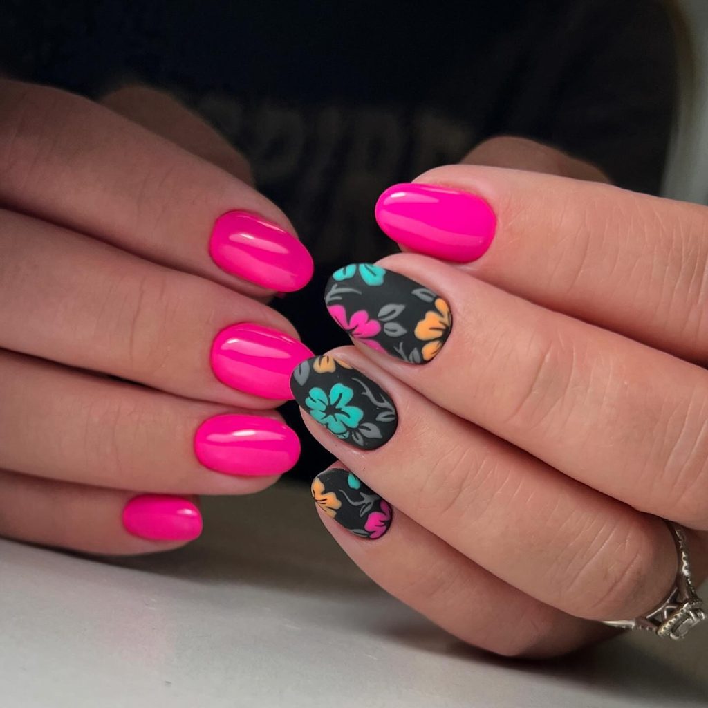 neon with black flowers nail