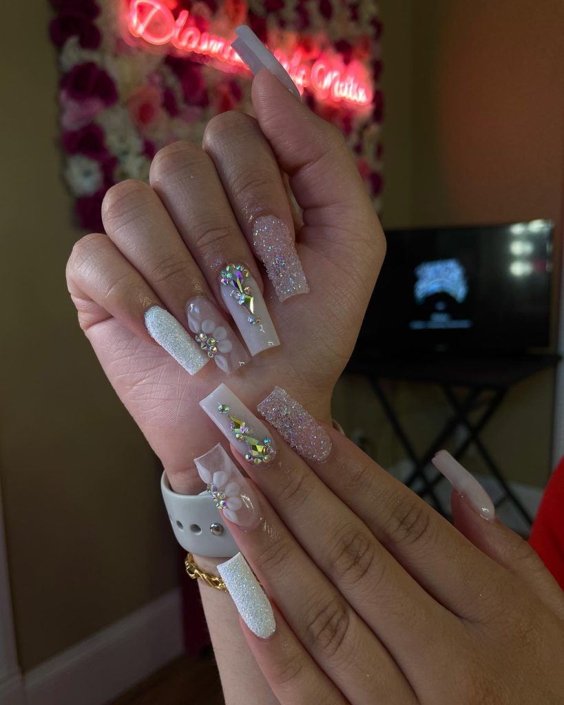 birthday white acrylic nails