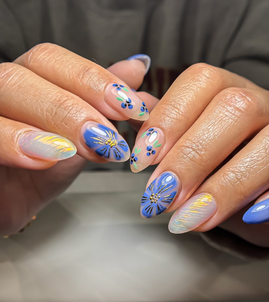 blue handpainted nails