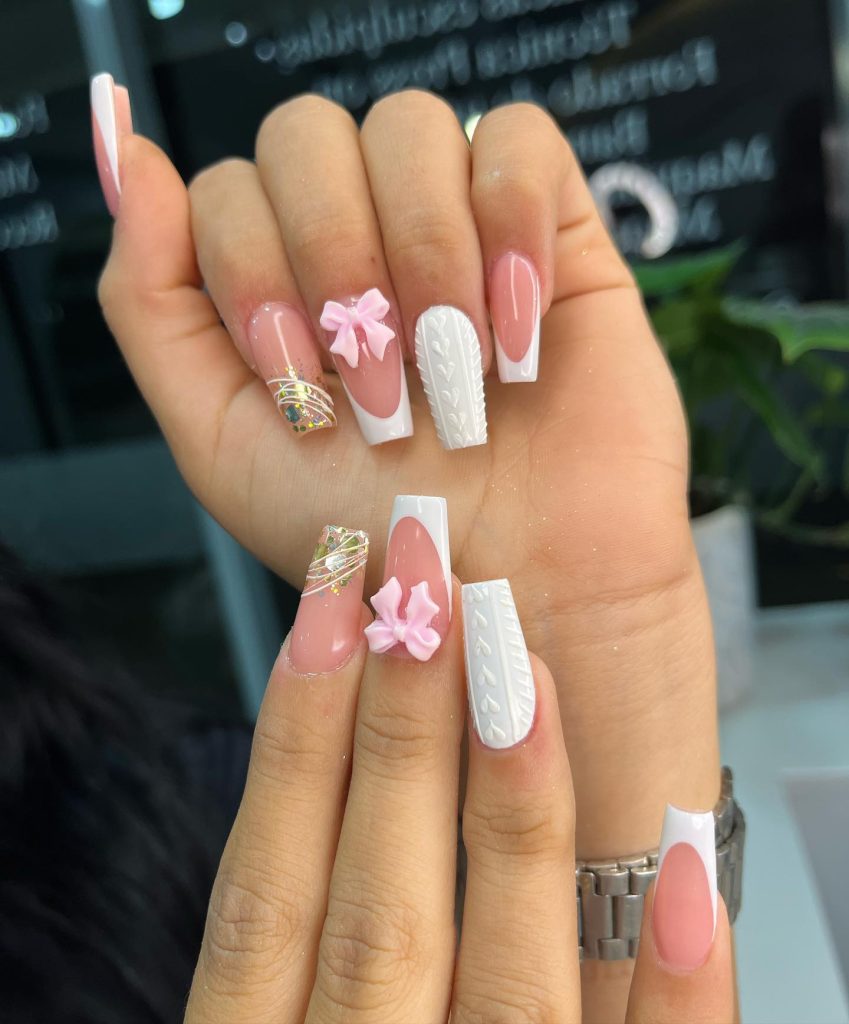 bow white acrylic nails