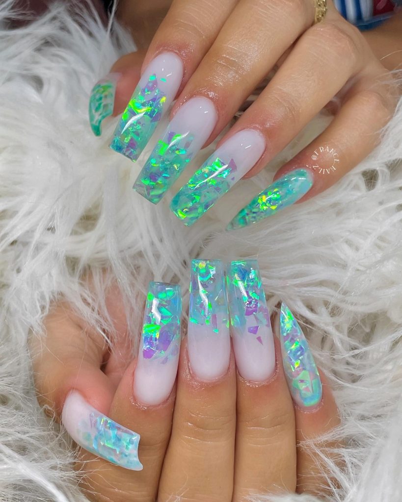 glitter white acrylic nails