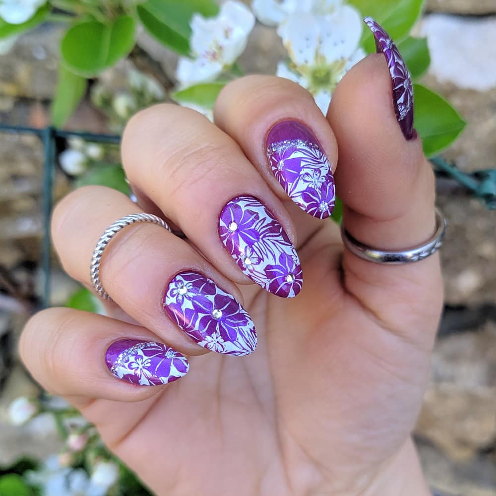 purple printed nails