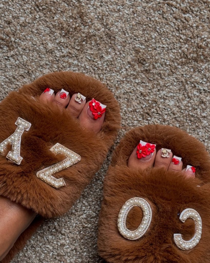 flower red toe nails