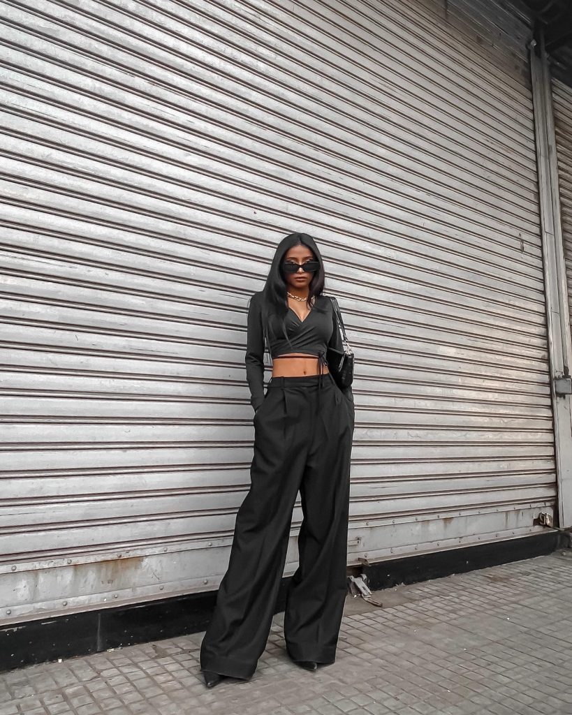 BKACK WRAP CROP TOP WITH HIGH WAISTED WIDE LEG TROUSERS