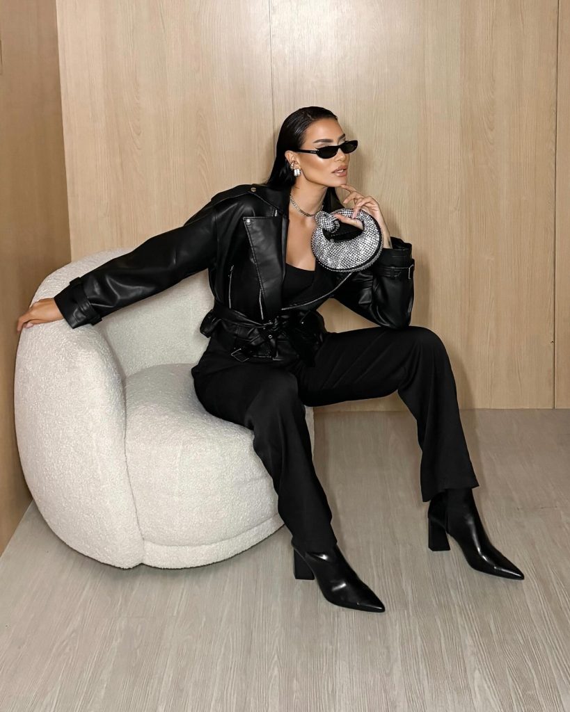 BLACK LEATHER JACKET WITH WIDE LEG PANTS