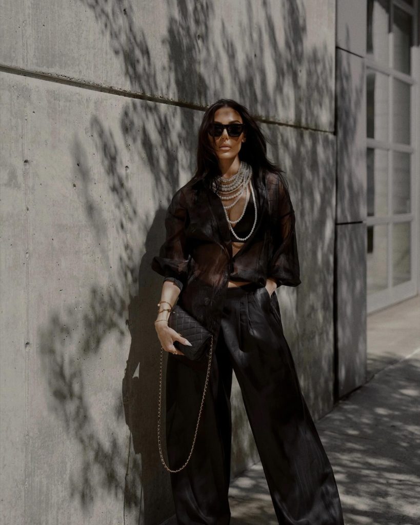 SHEER BLACK BLOUSE WITH WIDE LEG PANTS