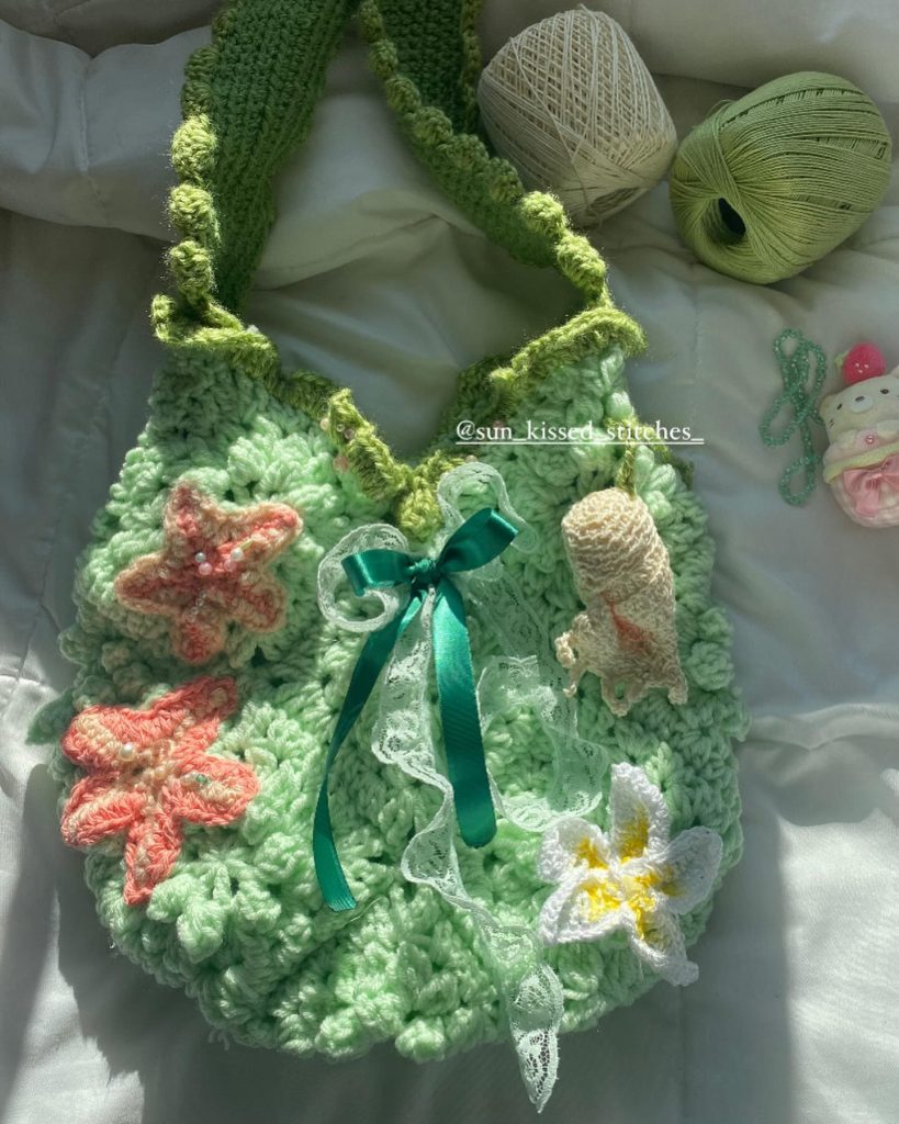 green crochet bag
