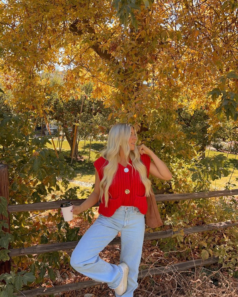 red crochet sweater