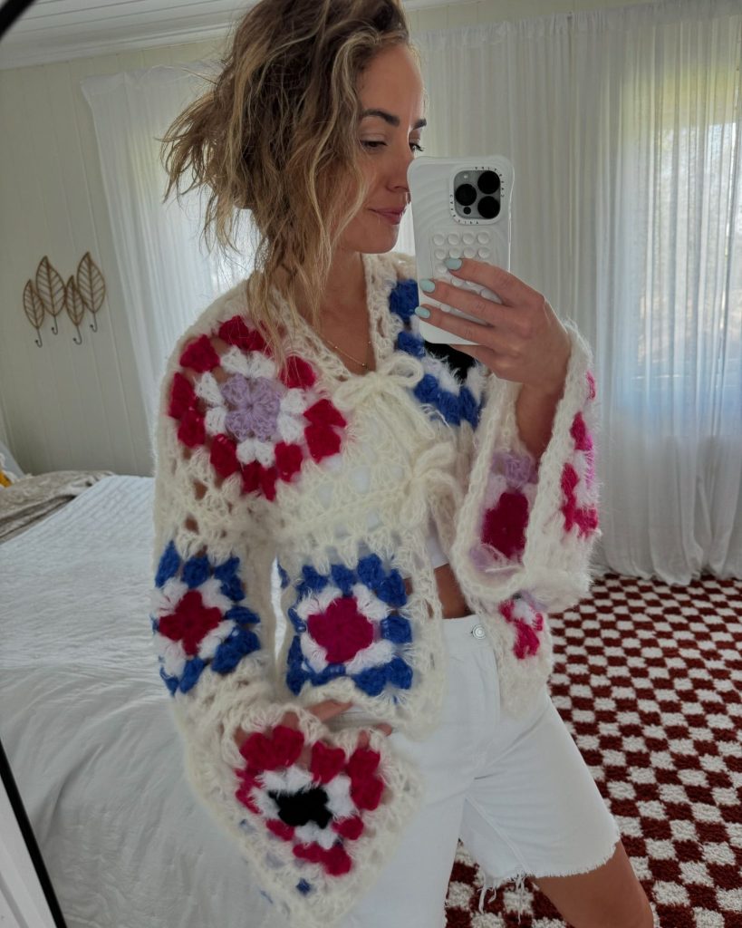 white crochet sweater