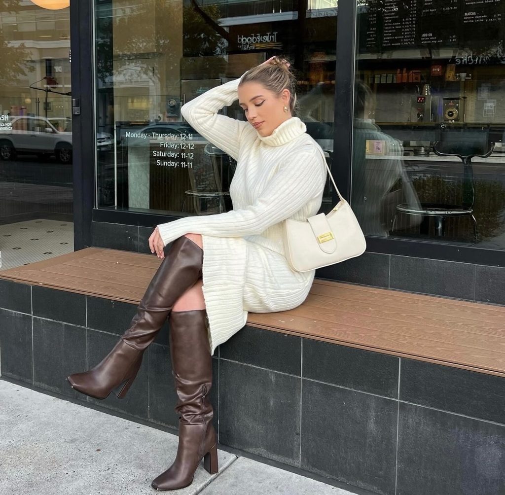 white dress with high boots