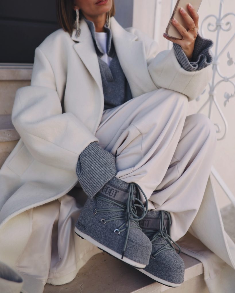 grey moonboot outfit