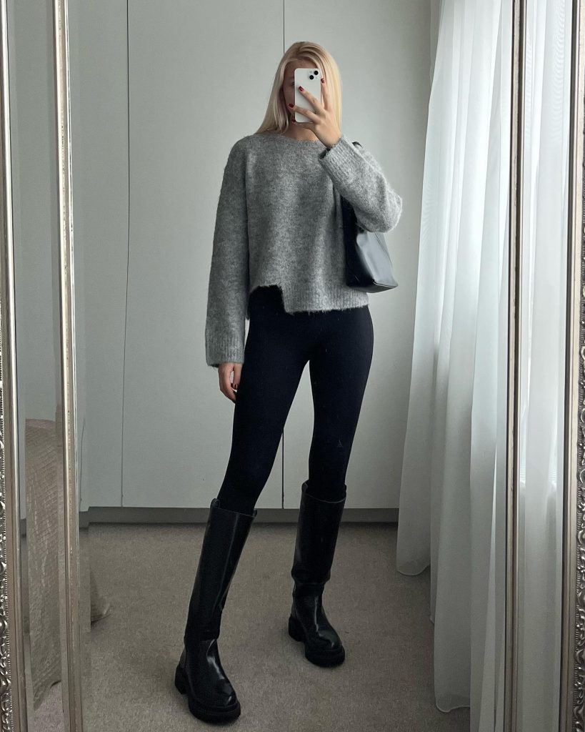greytop with legging outfit