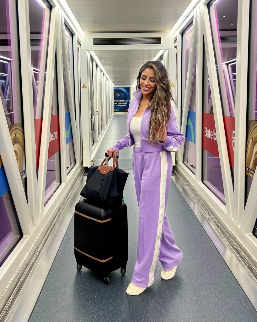lavender cute airport outfit