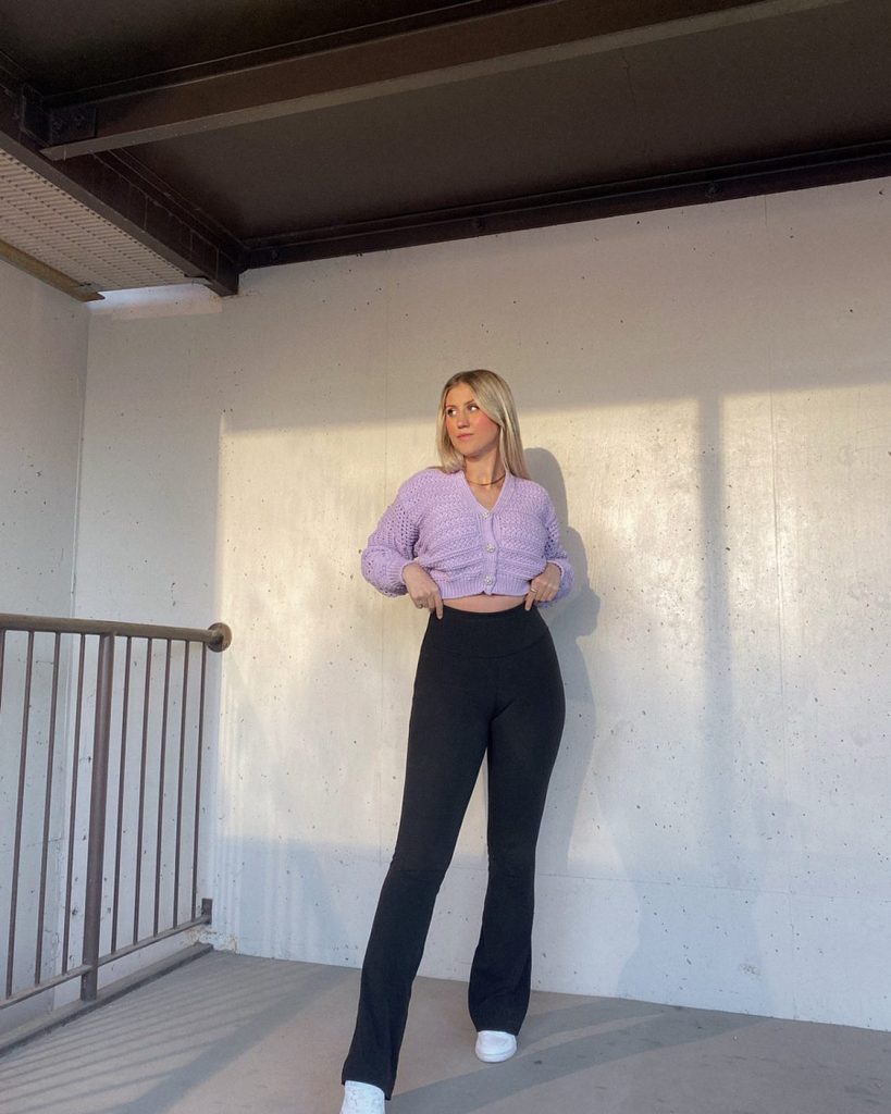 purple flared legging outfit