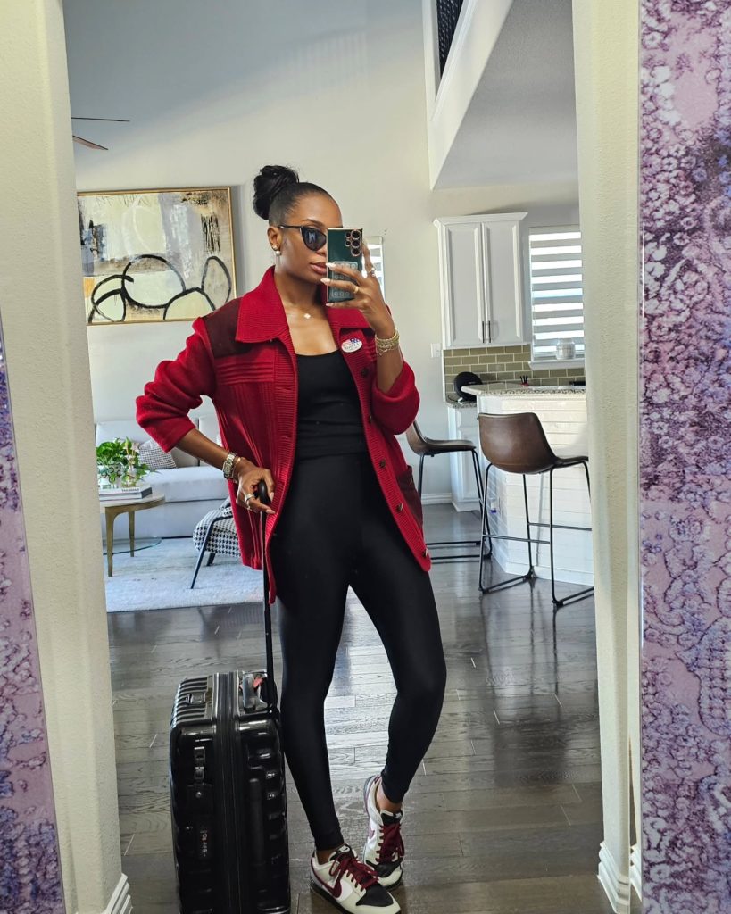 red winter airport look