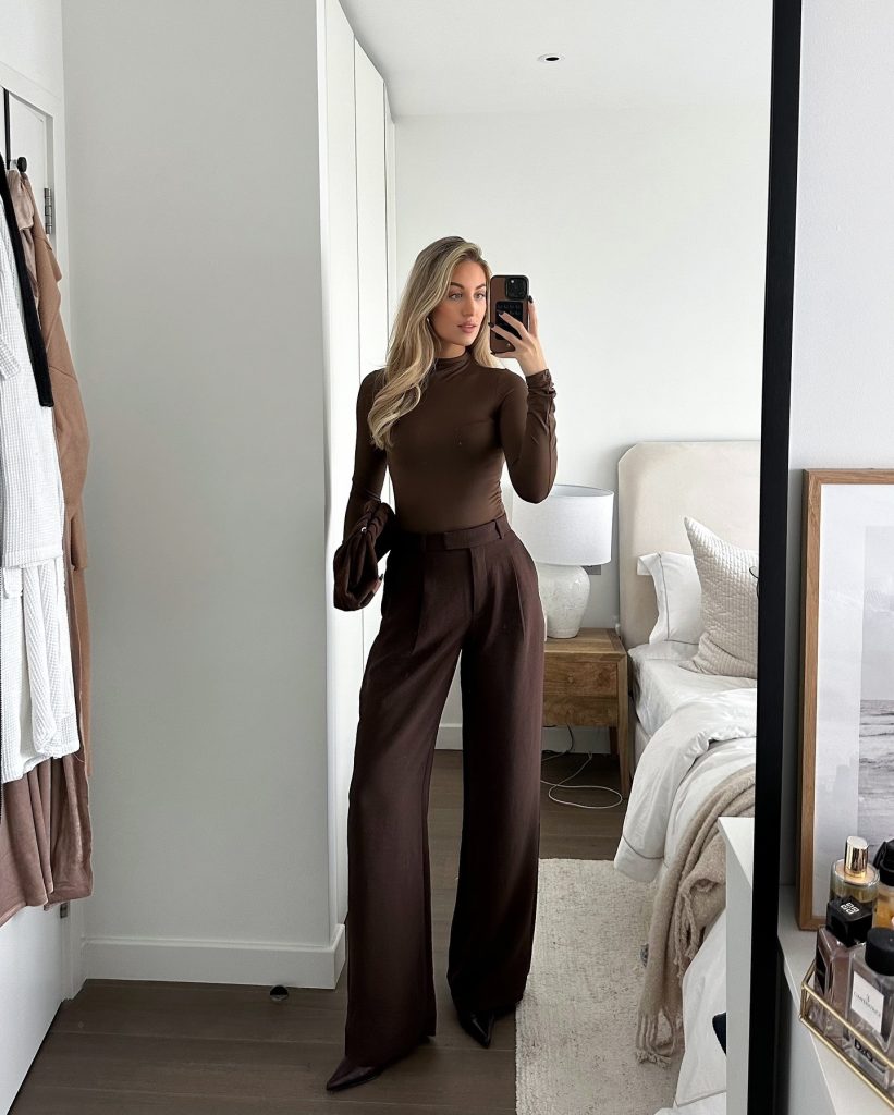 brown wideleg pant outfit