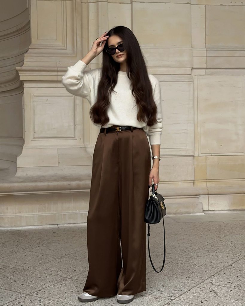 choclate satin pant outfit