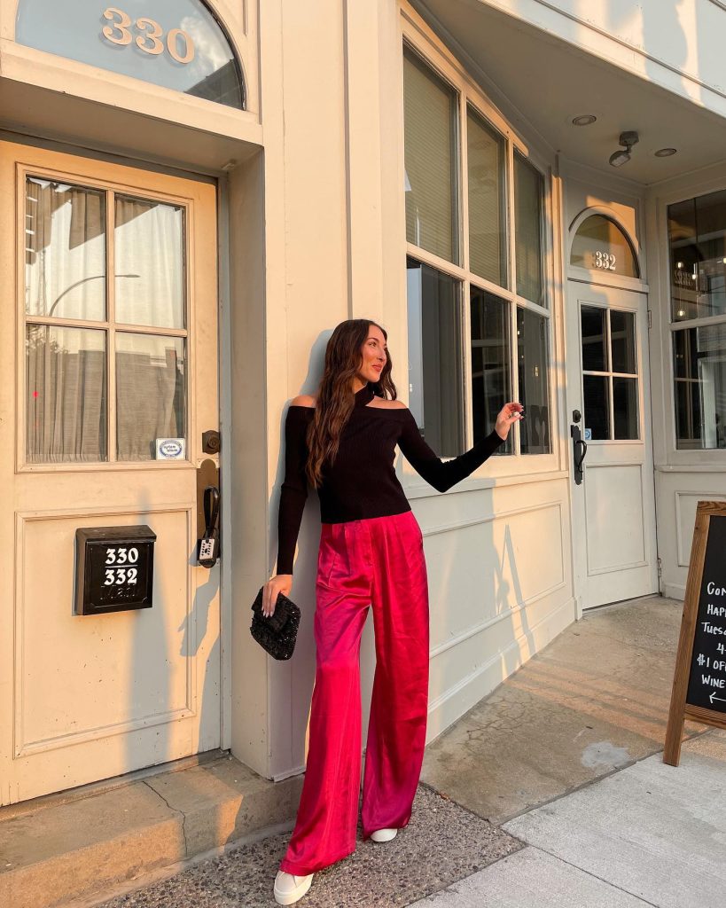 red satin pant outfit