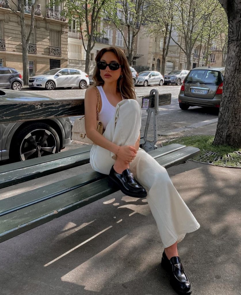allwhite loafers office outfit