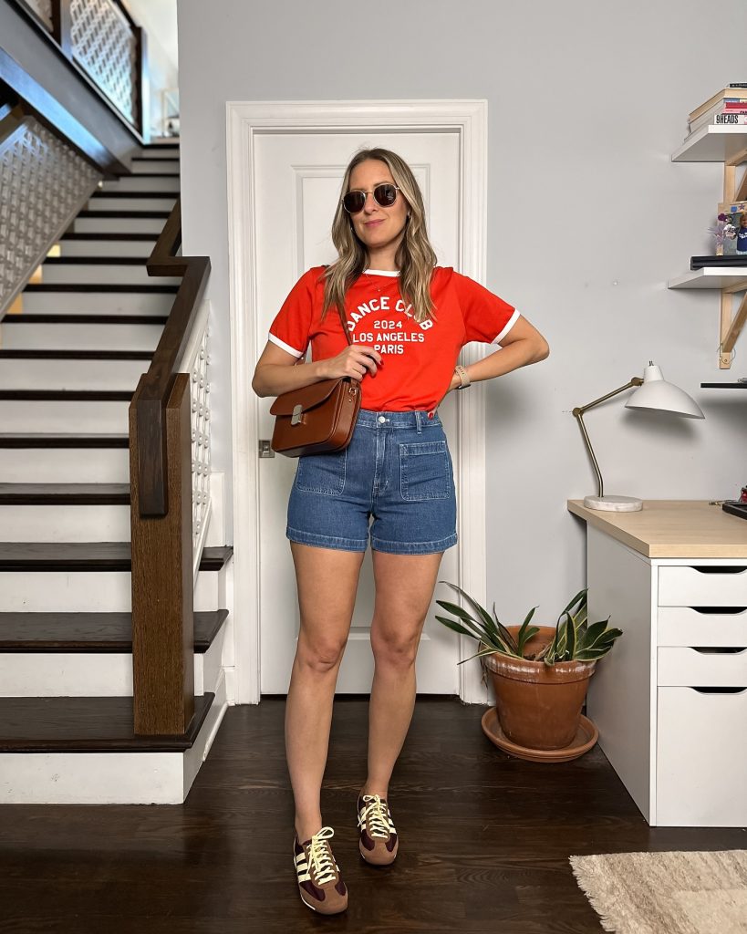 orange everyday tshirt denim short outfit