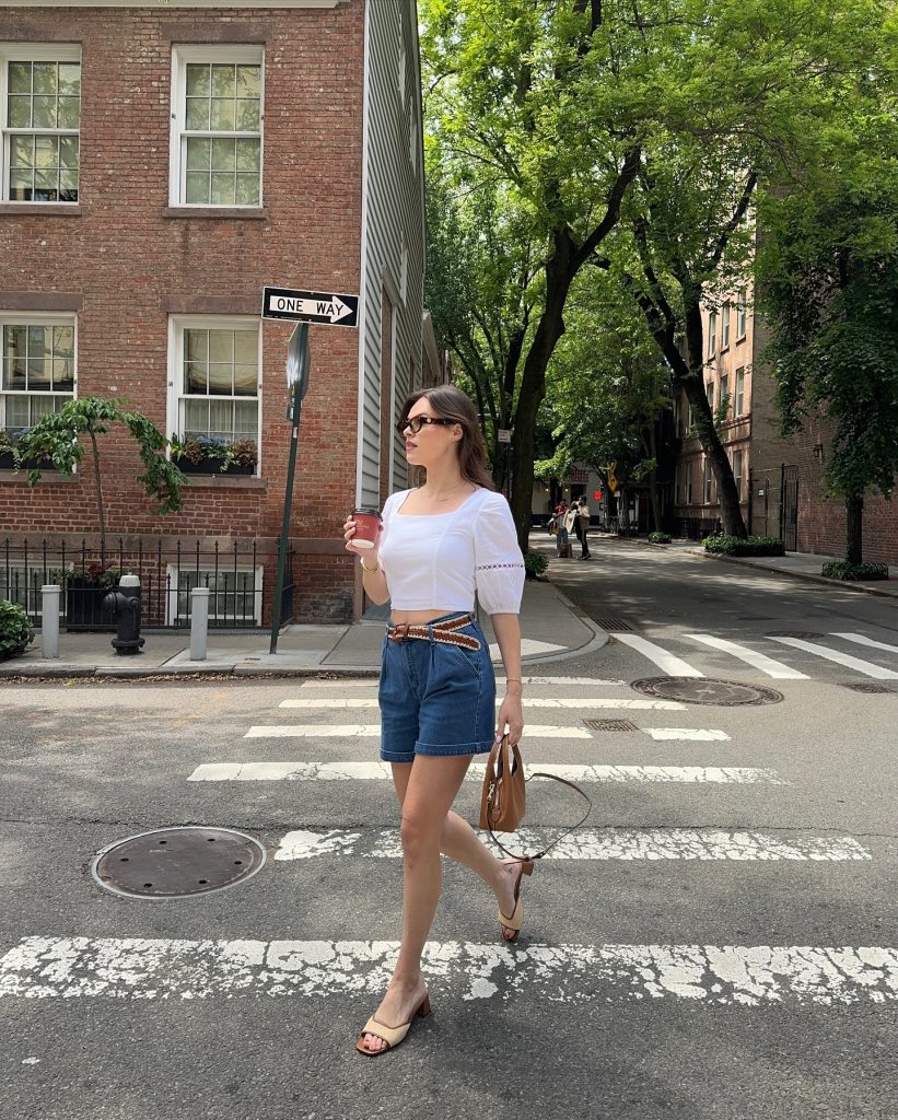 white everyday tshirt denim short outfit
