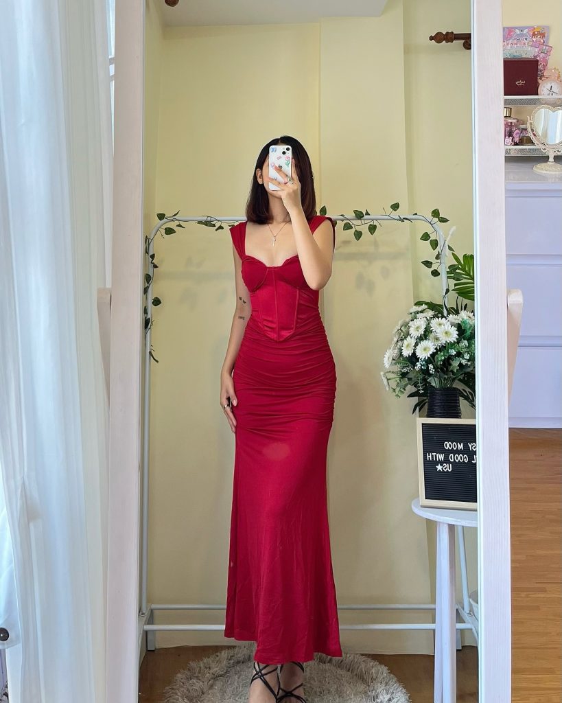 long cherry red outfit